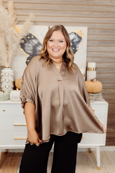 Mocha Notch Neck Oversized Satin Blouse