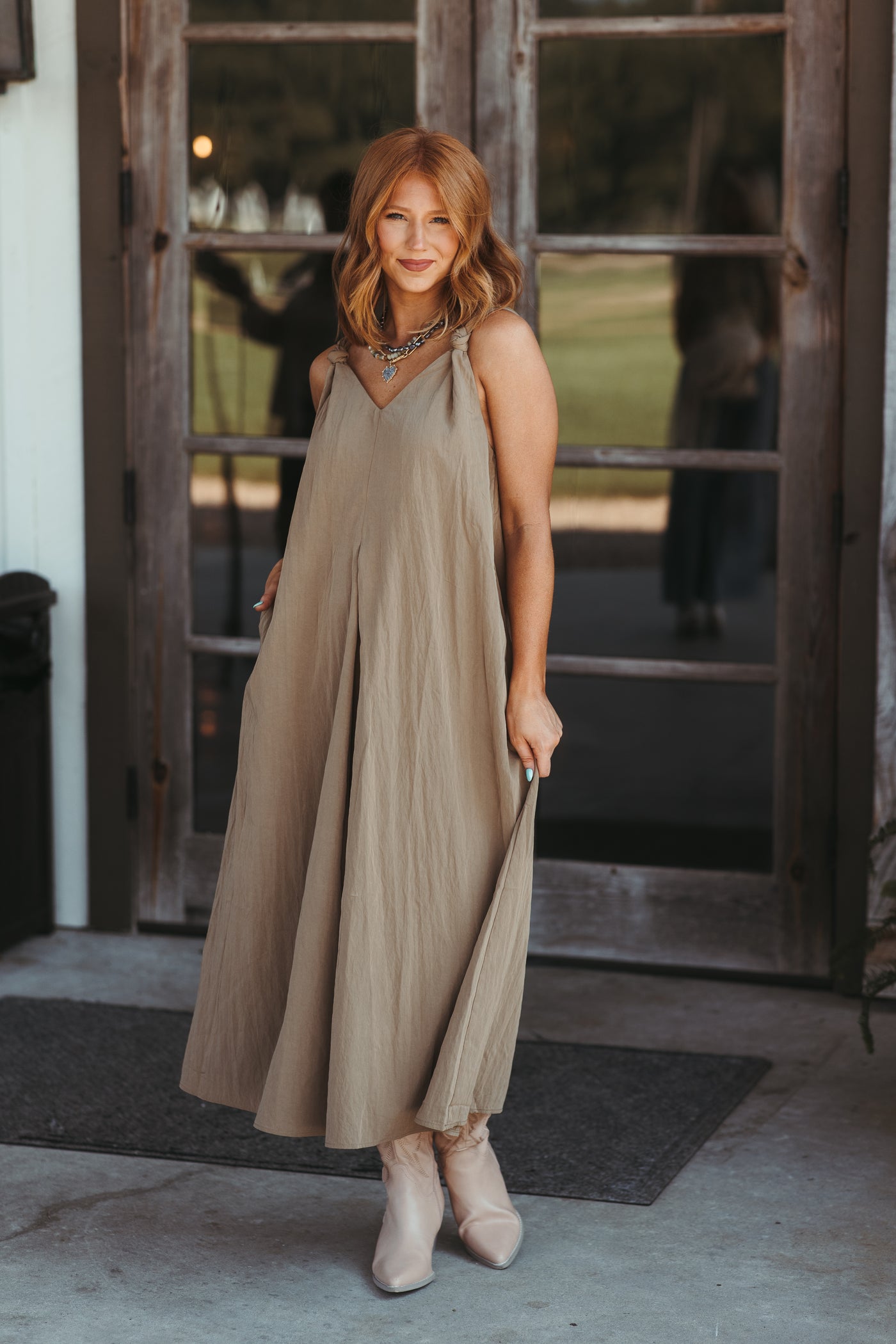 Khaki Loose Fit Knot Strap Midi Dress