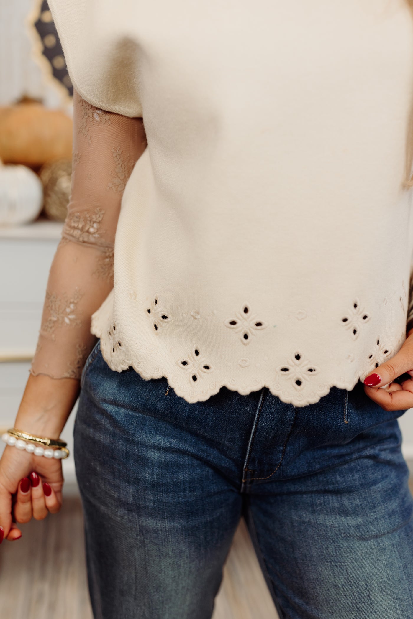 Ecru Mock Neck Embroidered Sweater Top