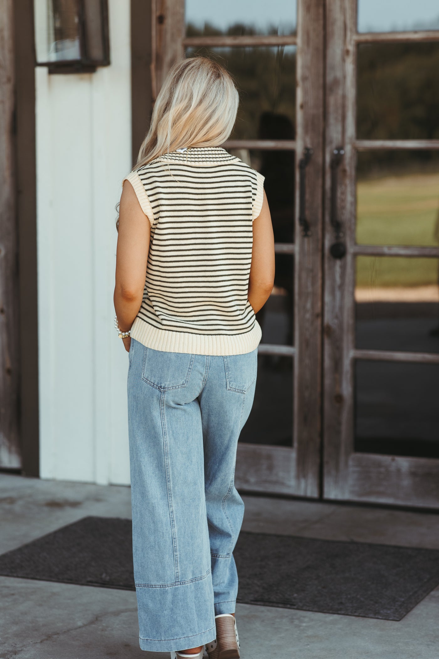 Olive Striped Sleeveless Knit Sweater Top