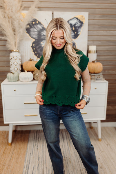 Hunter Green Mock Neck Embroidered Sweater Top