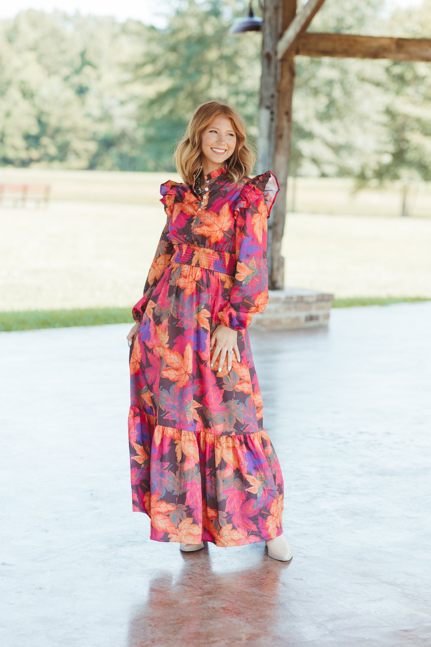 Fuchsia Fall Leaves Long Sleeve Maxi Dress