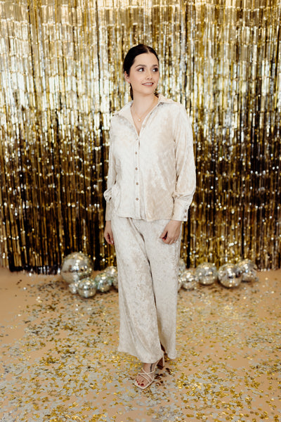 Champagne Velvet Button Down Top and Pant Set