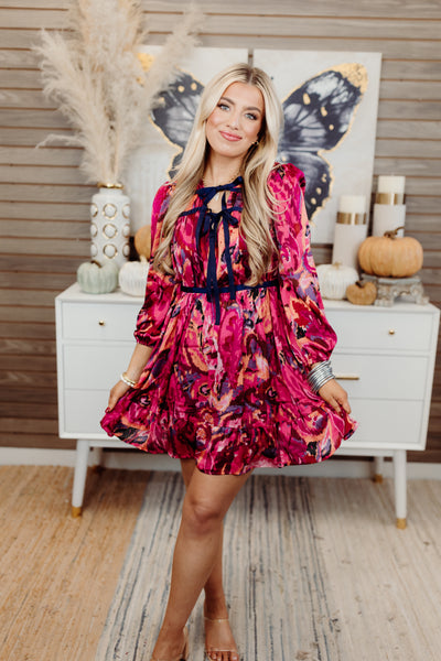 Radiant Berry Floral Front Tie Mini Dress