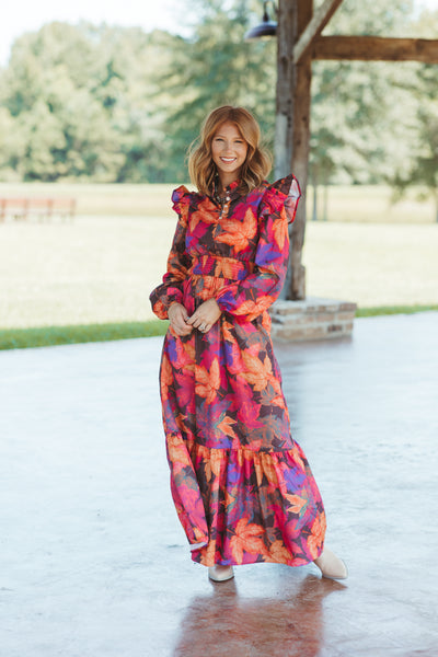 Fuchsia Fall Leaves Long Sleeve Maxi Dress