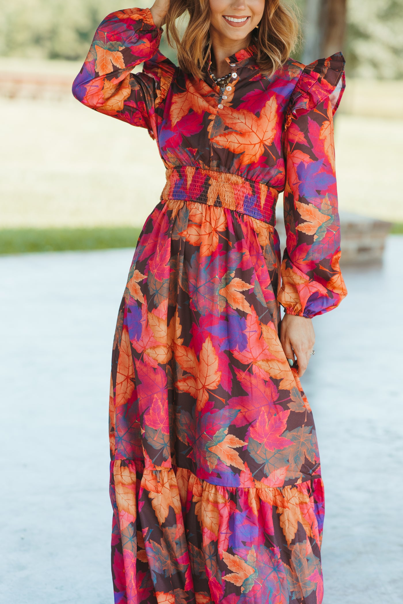 Fuchsia Fall Leaves Long Sleeve Maxi Dress