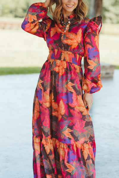 Fuchsia Fall Leaves Long Sleeve Maxi Dress