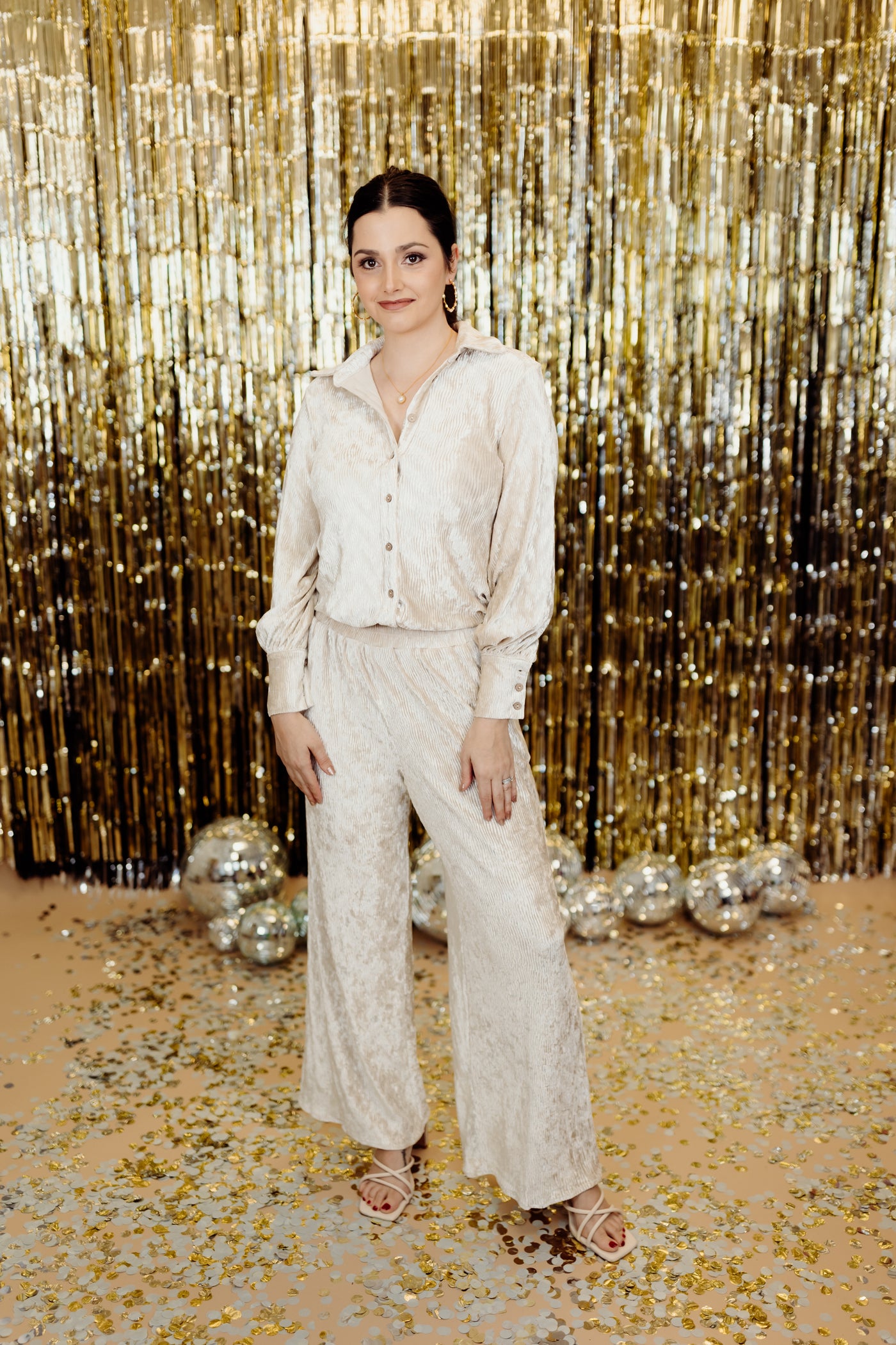 Champagne Velvet Button Down Top and Pant Set