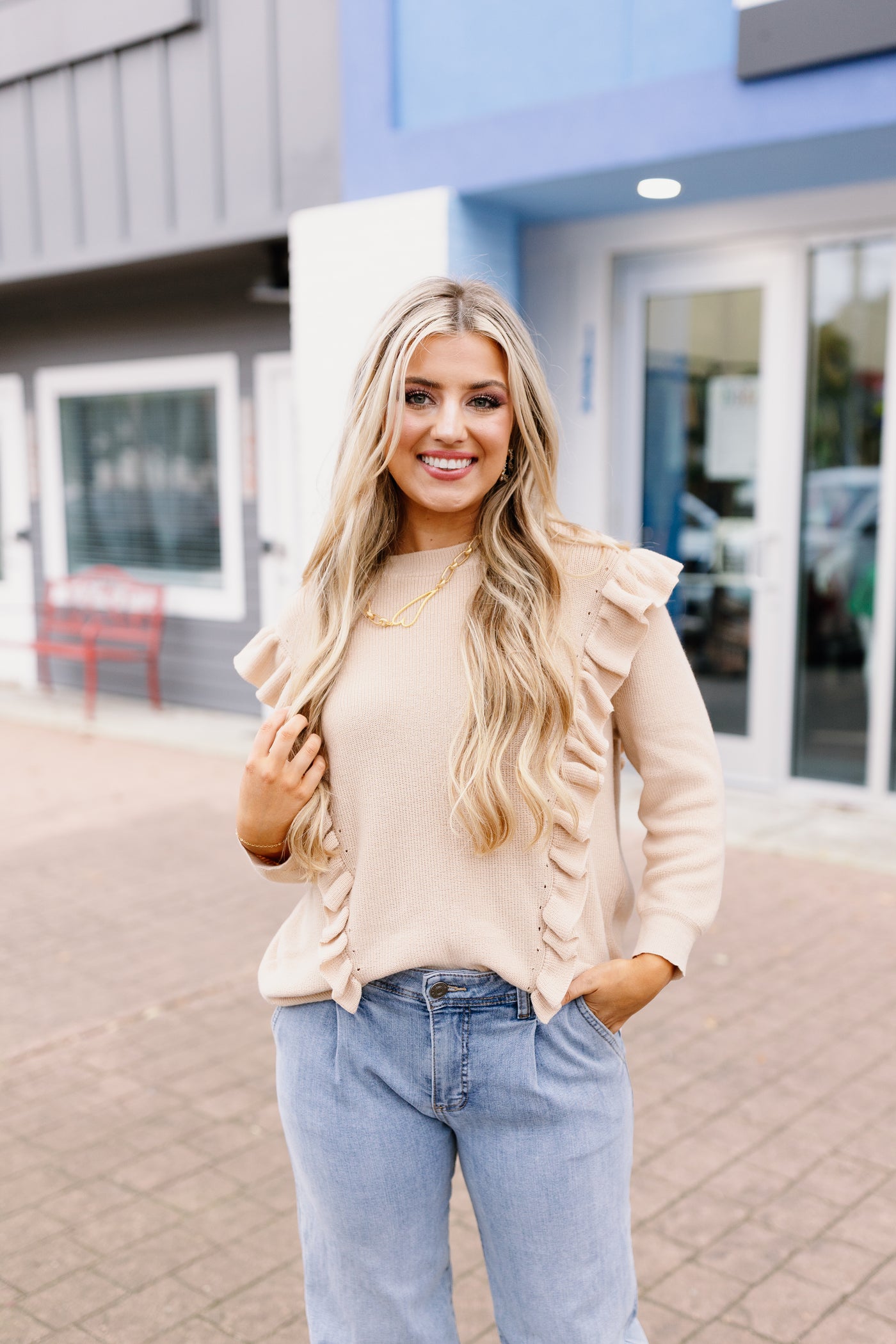 Taupe Ruffle Lightweight Knit Top