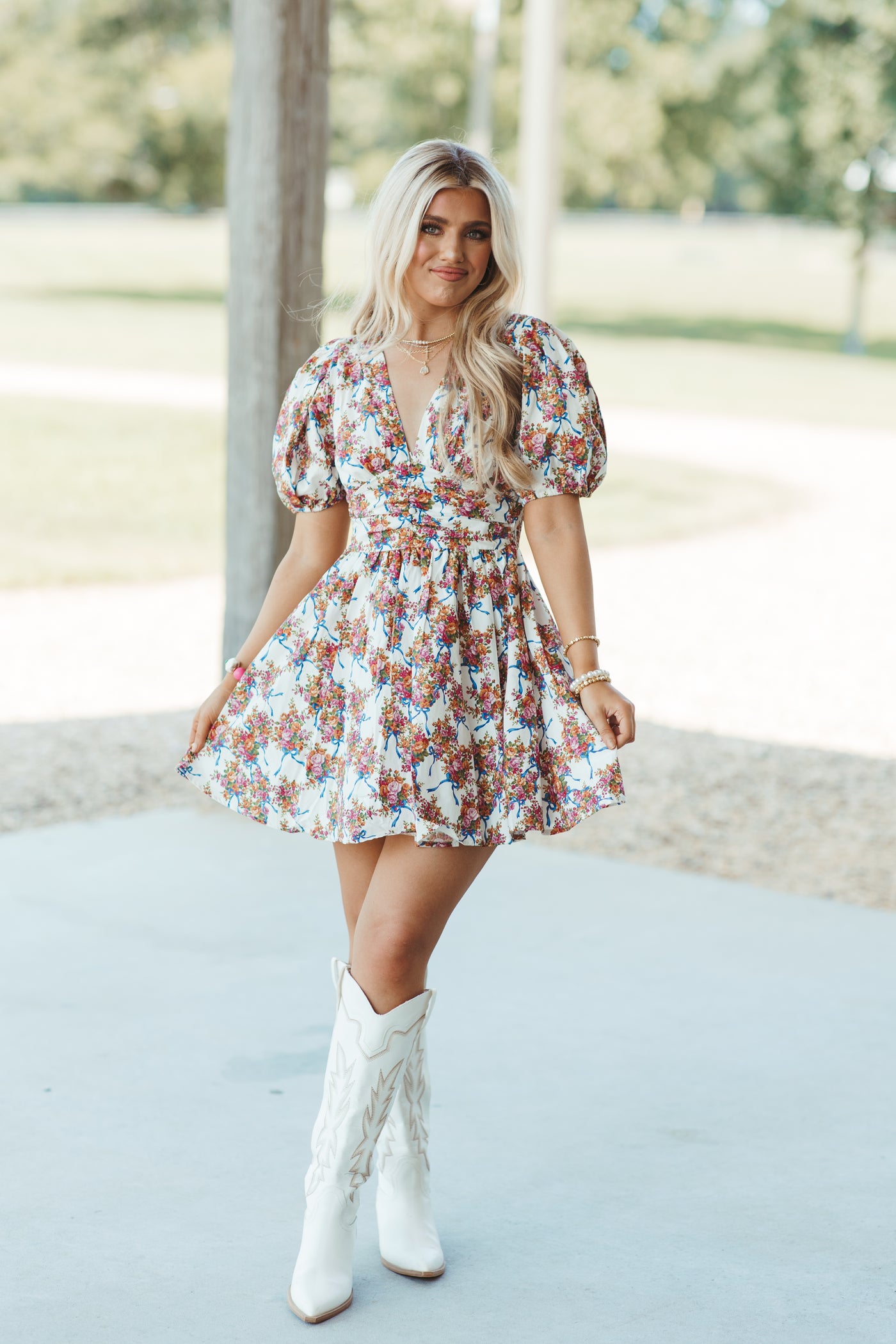 Ivory and Blue Floral Bow Puff Sleeve Dress