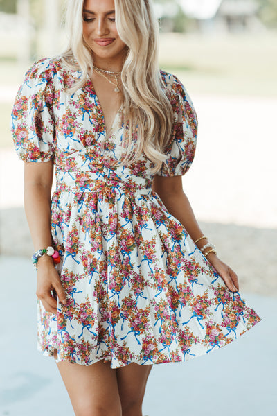 Ivory and Blue Floral Bow Puff Sleeve Dress