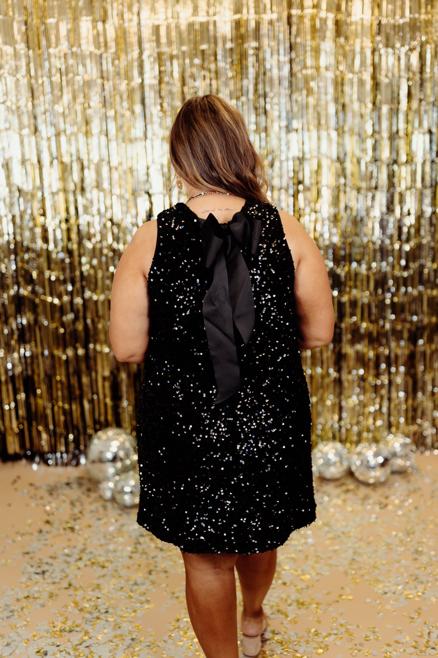 Black Sequin Sleeveless Bow Detail Dress