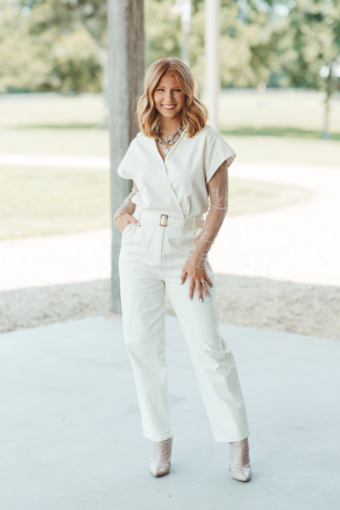 Cream Collared Wrap Front Tapered Jumpsuit