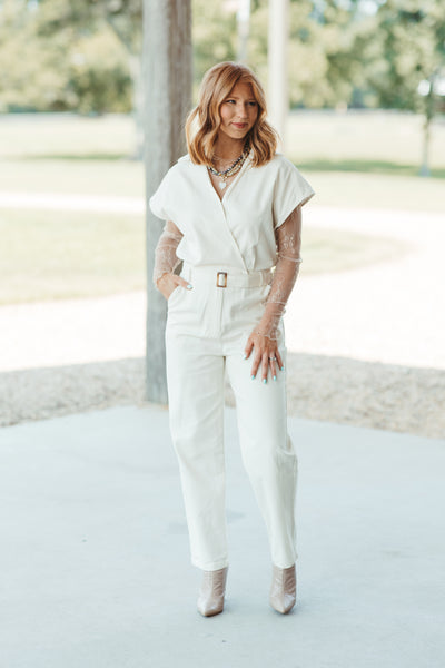 Cream Collared Wrap Front Tapered Jumpsuit