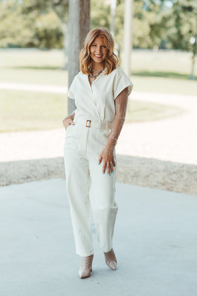 Cream Collared Wrap Front Tapered Jumpsuit