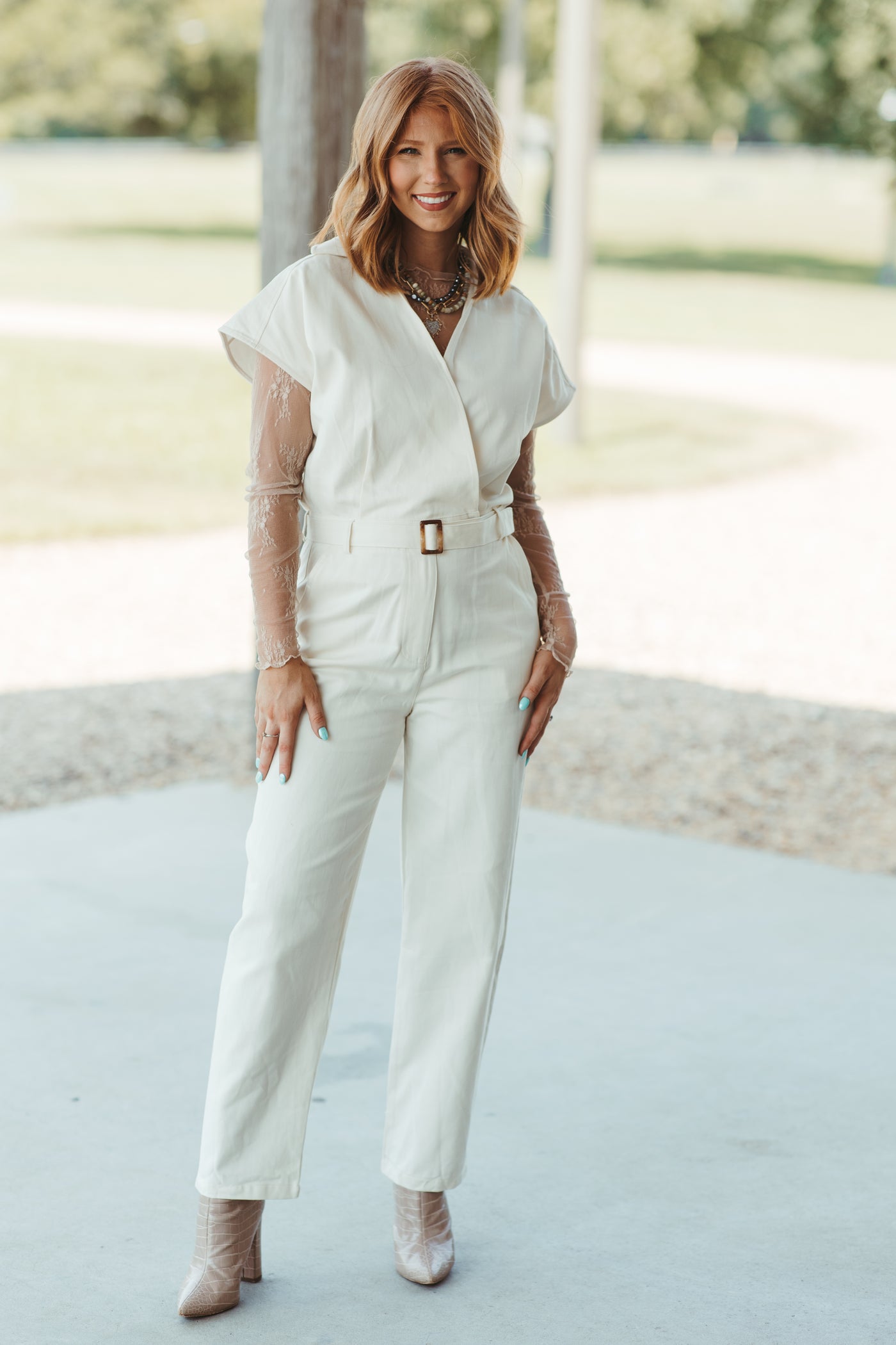 Cream Collared Wrap Front Tapered Jumpsuit