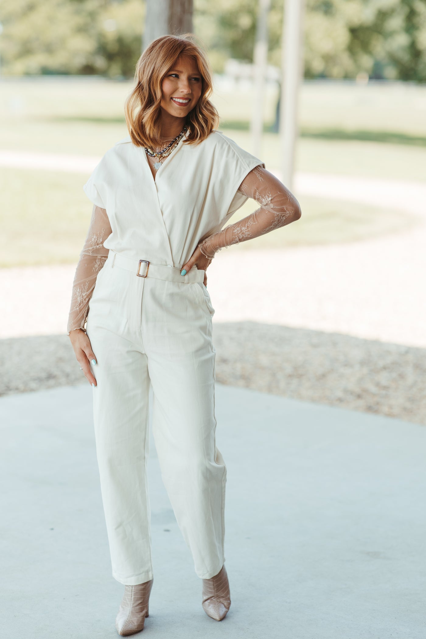 Cream Collared Wrap Front Tapered Jumpsuit