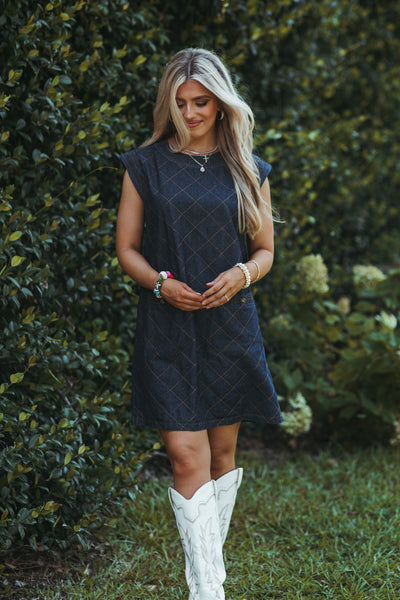 Dark Denim Round Neck Contrast Stitch Mini Dress