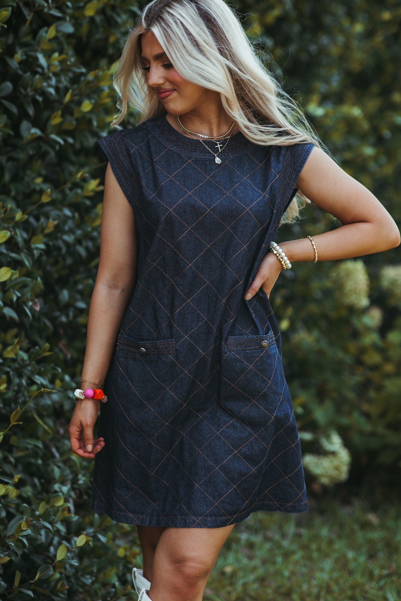 Dark Denim Round Neck Contrast Stitch Mini Dress