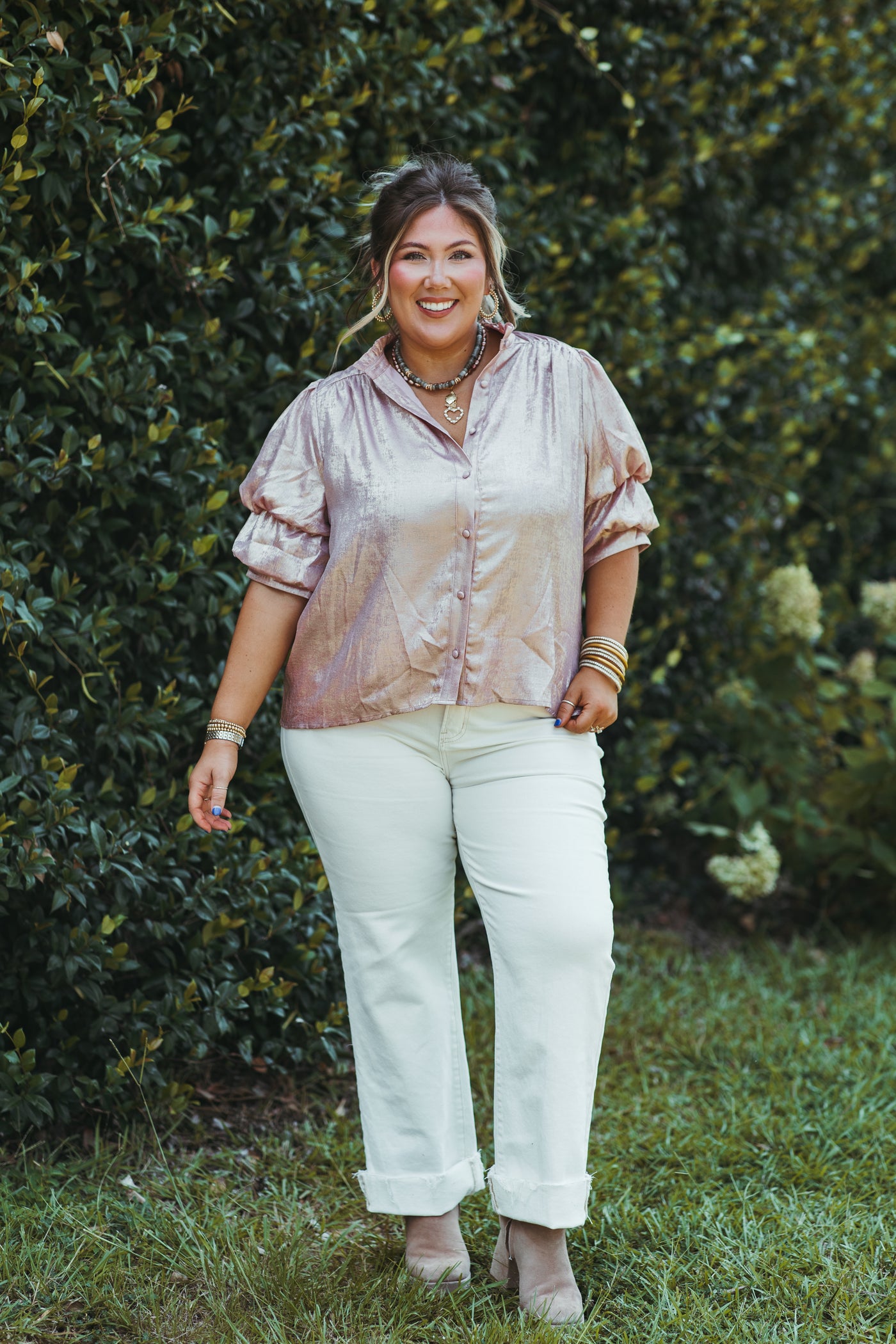 Blush Foil Button Down Short Sleeve Blouse