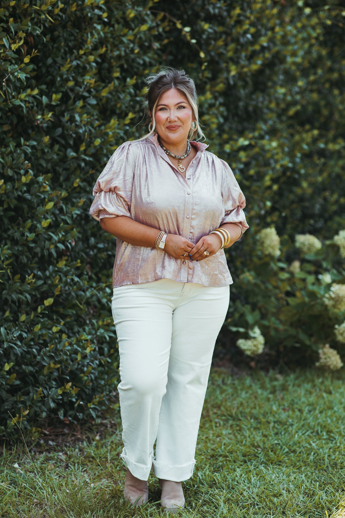 Blush Foil Button Down Short Sleeve Blouse