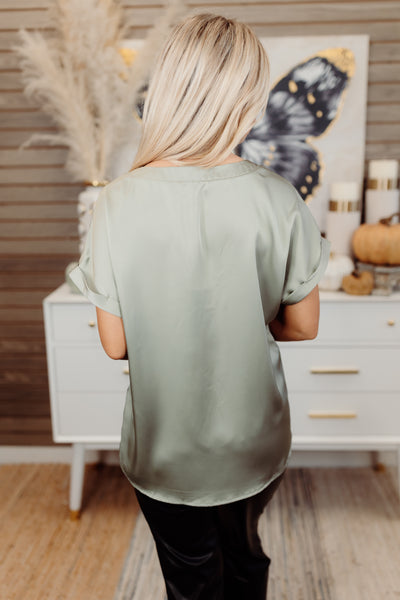 Sage V-Neck Cap Sleeve Satin Blouse