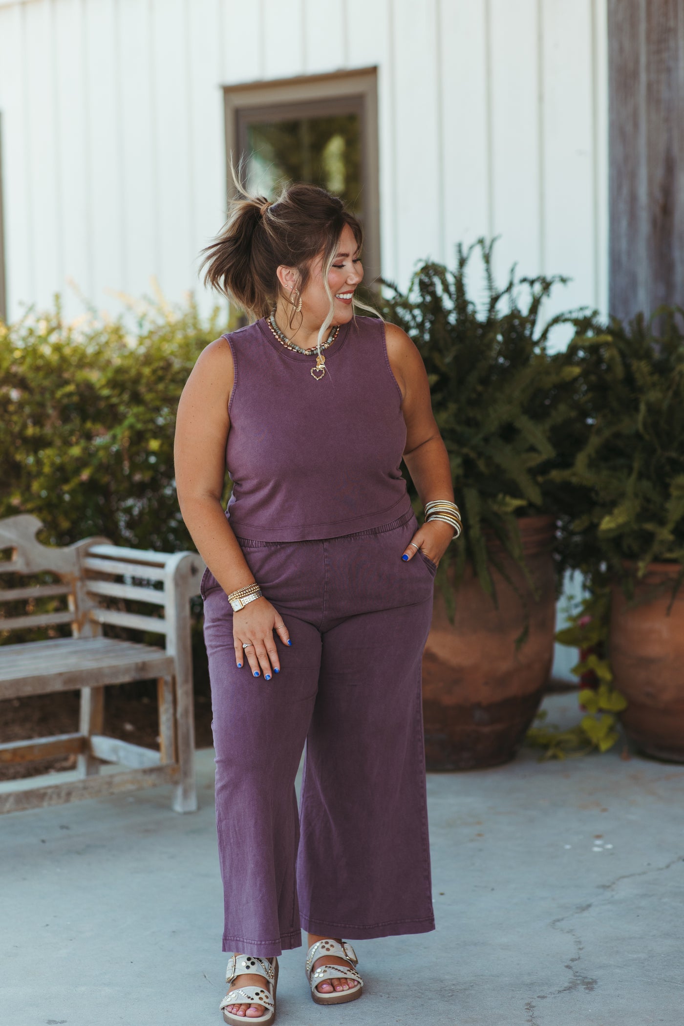 Z Supply Jersey Muscle Tank and Flare Pant Set in Cocoa Berry