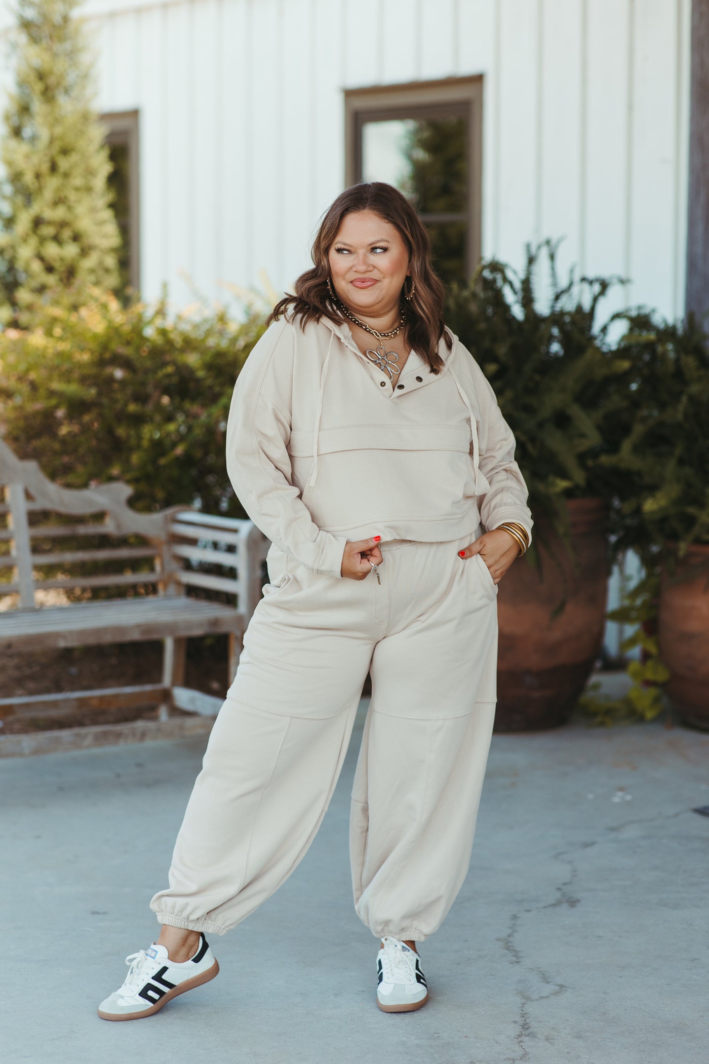 Stone Button Hoodie and Elastic Waist Tie Jogger Set