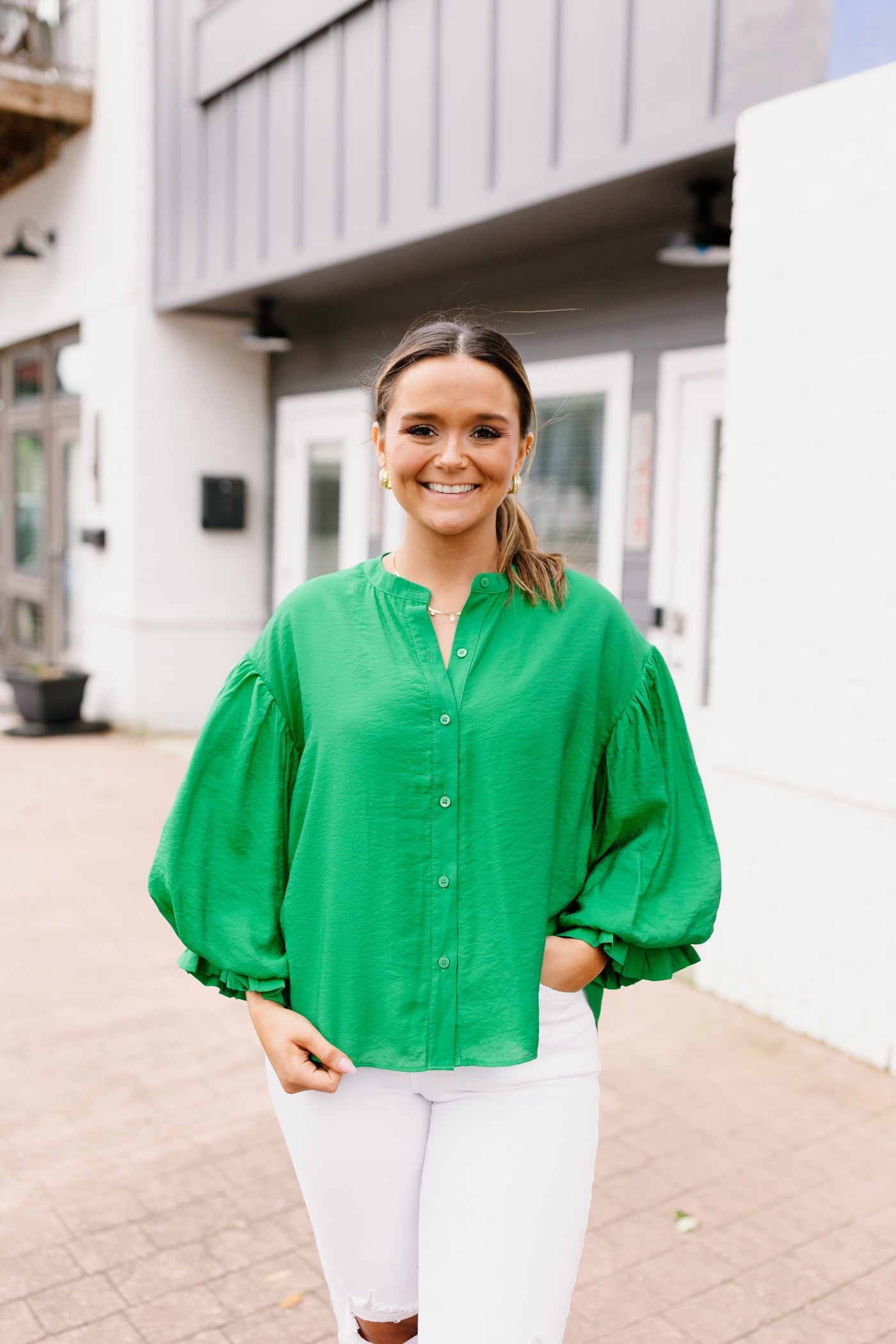 Kelly Green Puff Sleeve Button Down Blouse