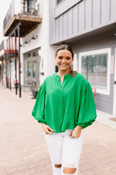 Kelly Green Puff Sleeve Button Down Blouse