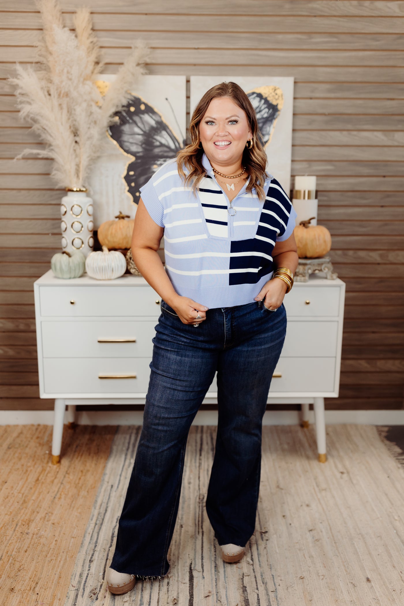 Blue Multi Striped Colorblock Cropped Short Sleeve Top