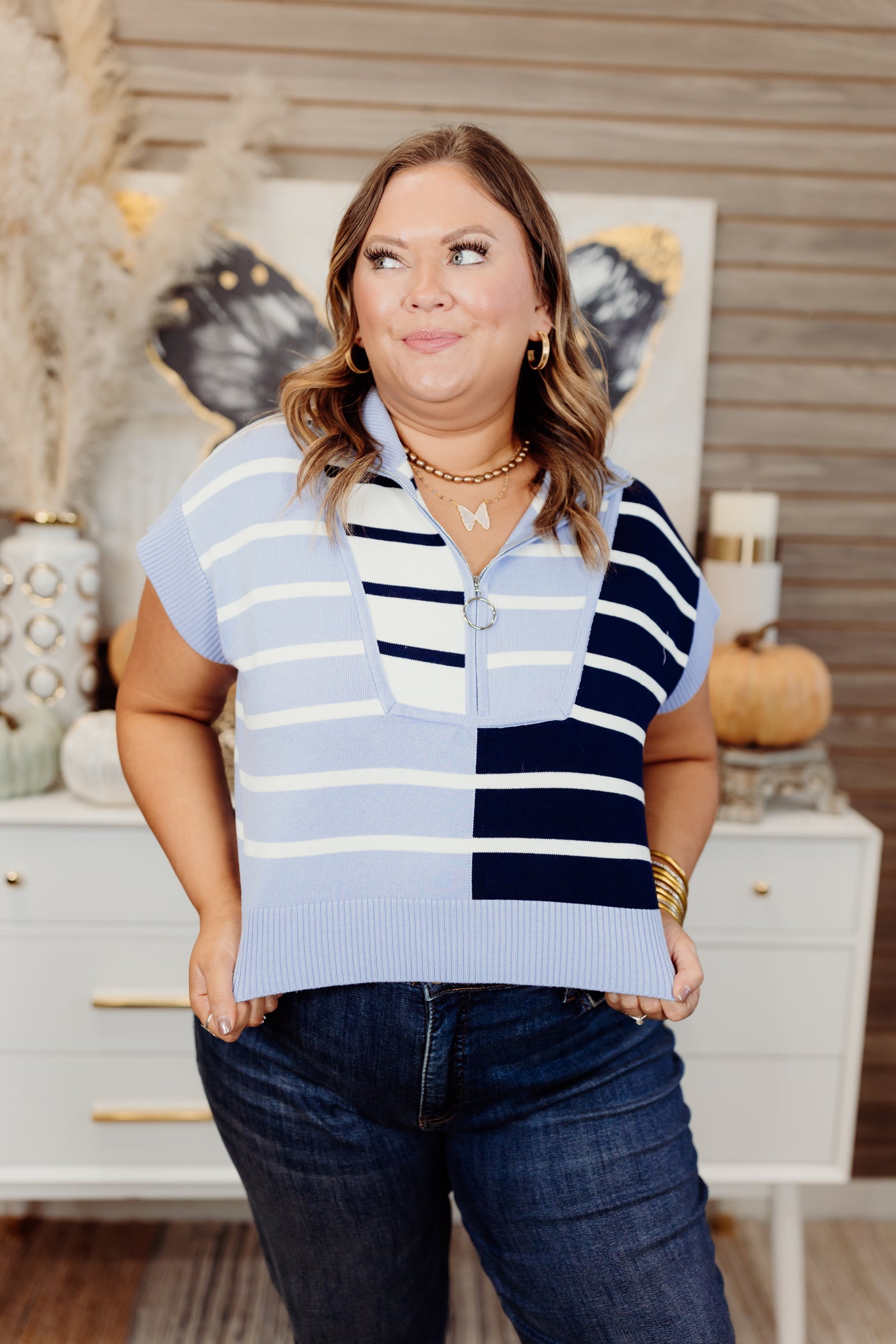 Blue Multi Striped Colorblock Cropped Short Sleeve Top