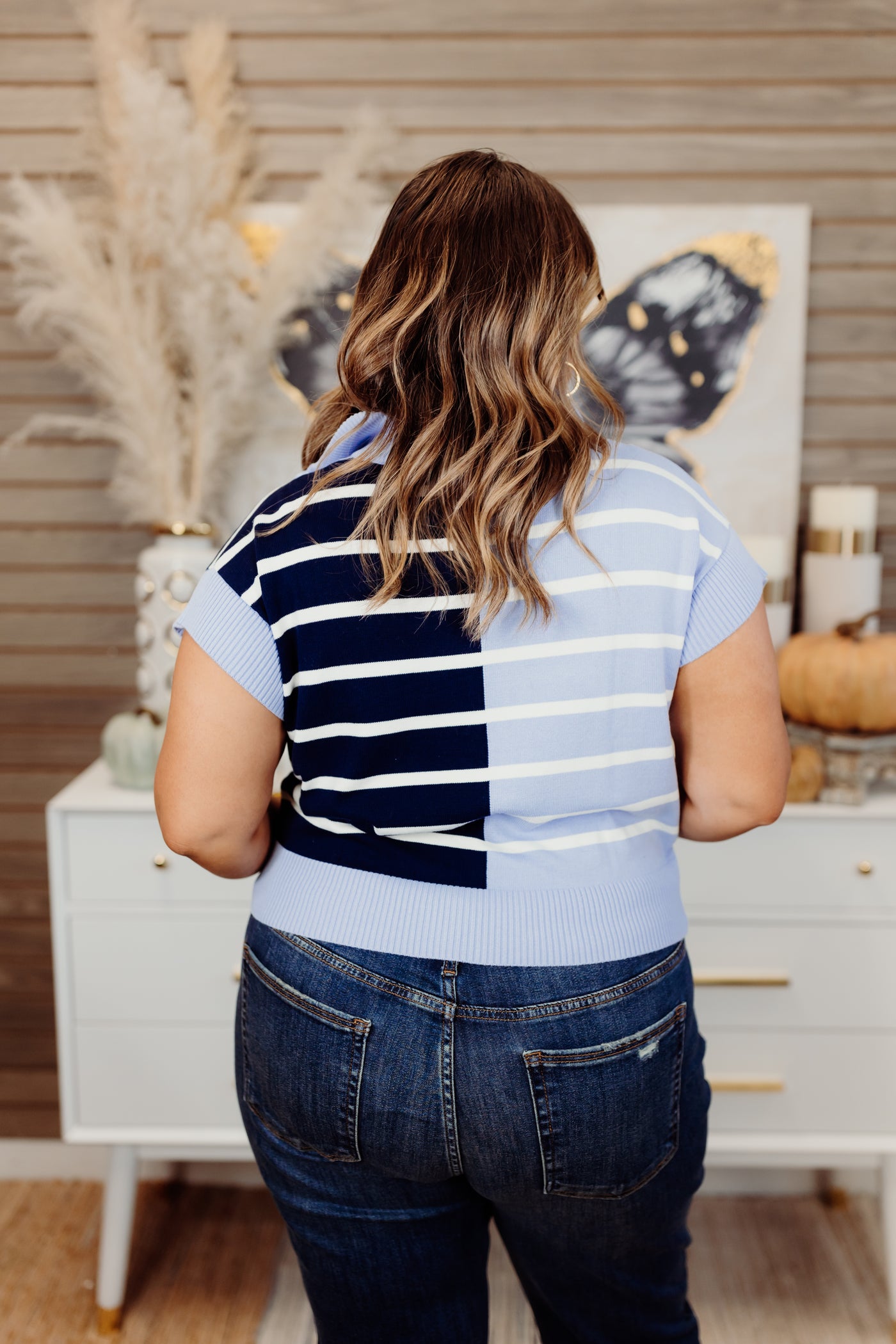 Blue Multi Striped Colorblock Cropped Short Sleeve Top