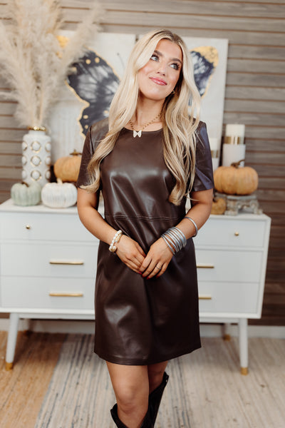 Z Supply London Faux Leather Mini Dress- Dark Chocolate