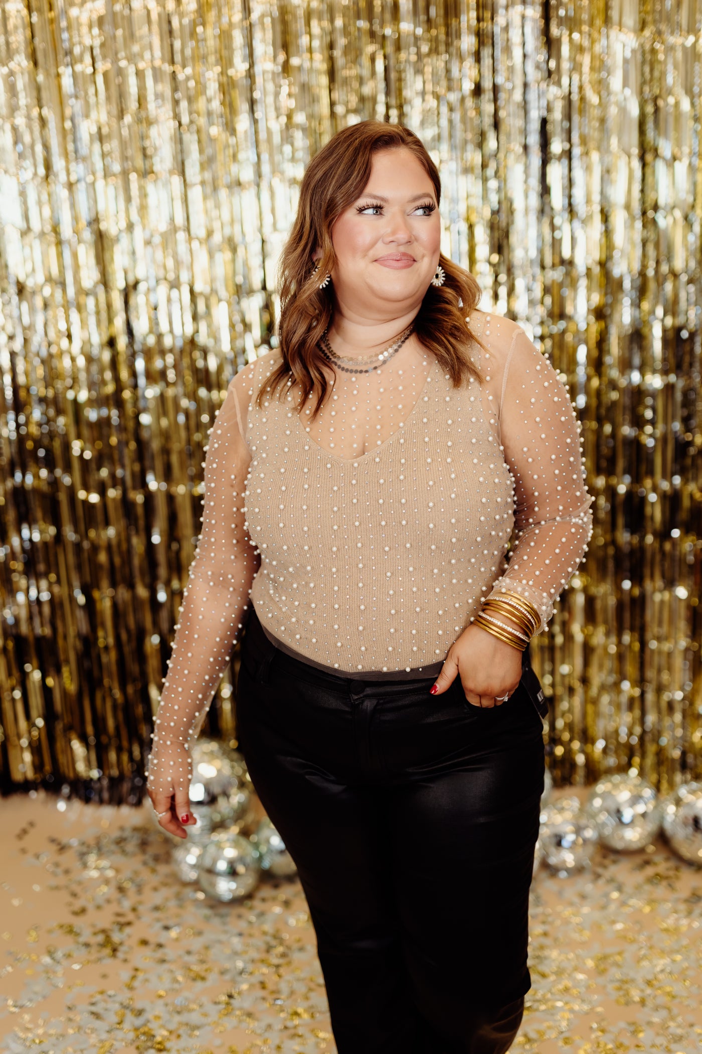 Beige Pearl Beaded Mesh Top