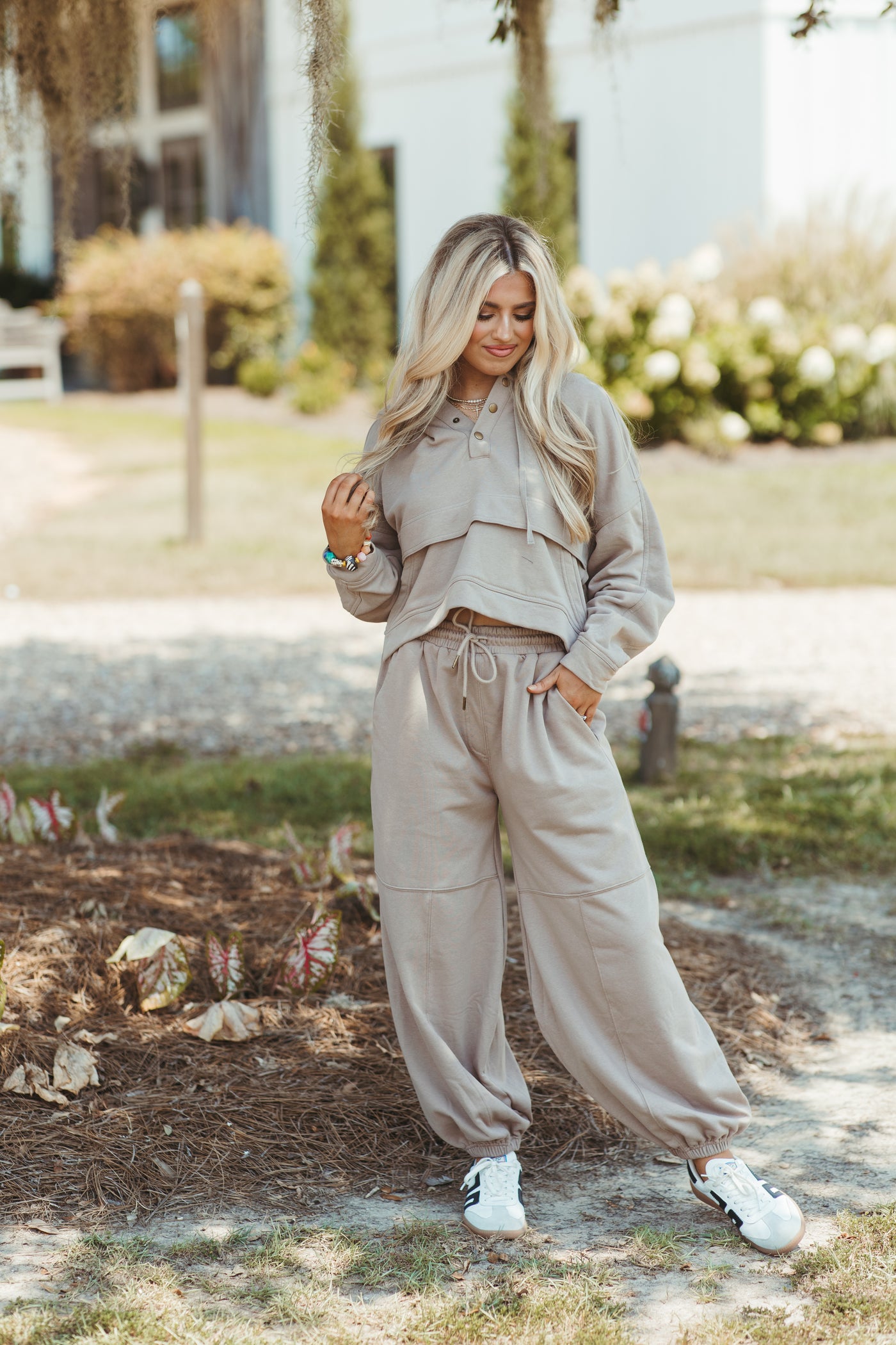 Mocha Button Hoodie and Elastic Waist Tie Jogger Set