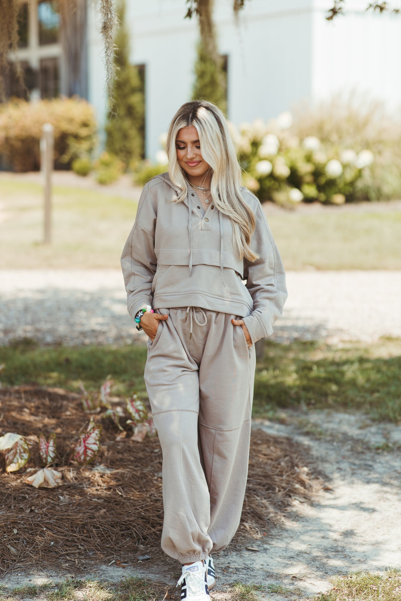 Mocha Button Hoodie and Elastic Waist Tie Jogger Set