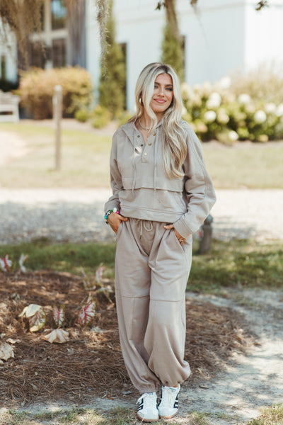 Mocha Button Hoodie and Elastic Waist Tie Jogger Set