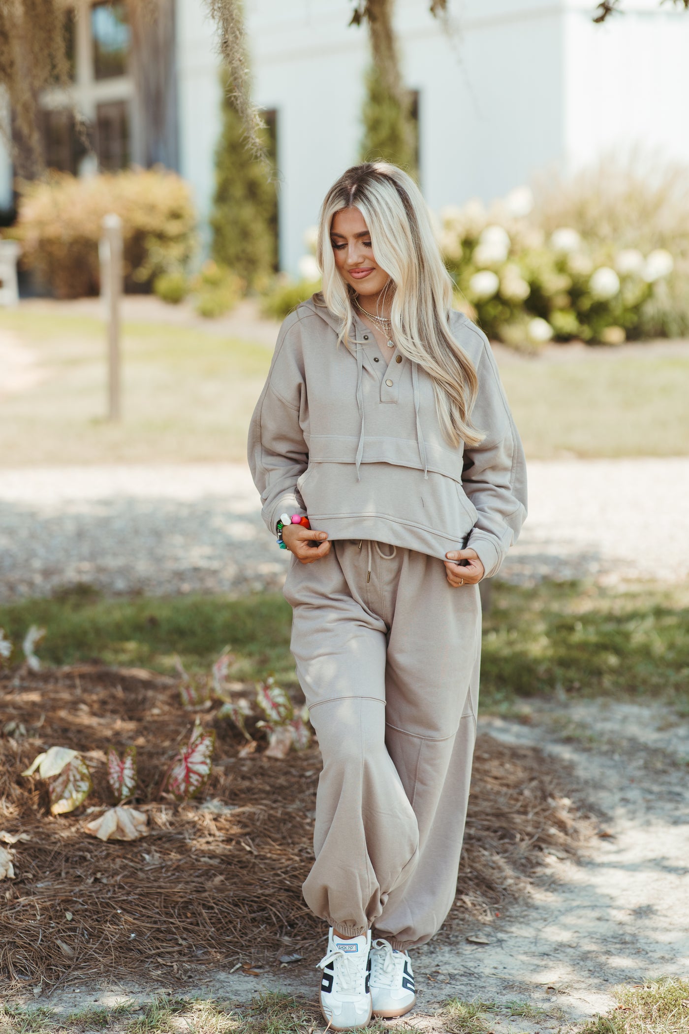 Mocha Button Hoodie and Elastic Waist Tie Jogger Set