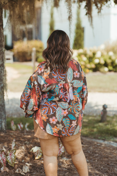 Brown Multi Floral Bubble Sleeve V-Neck Blouse