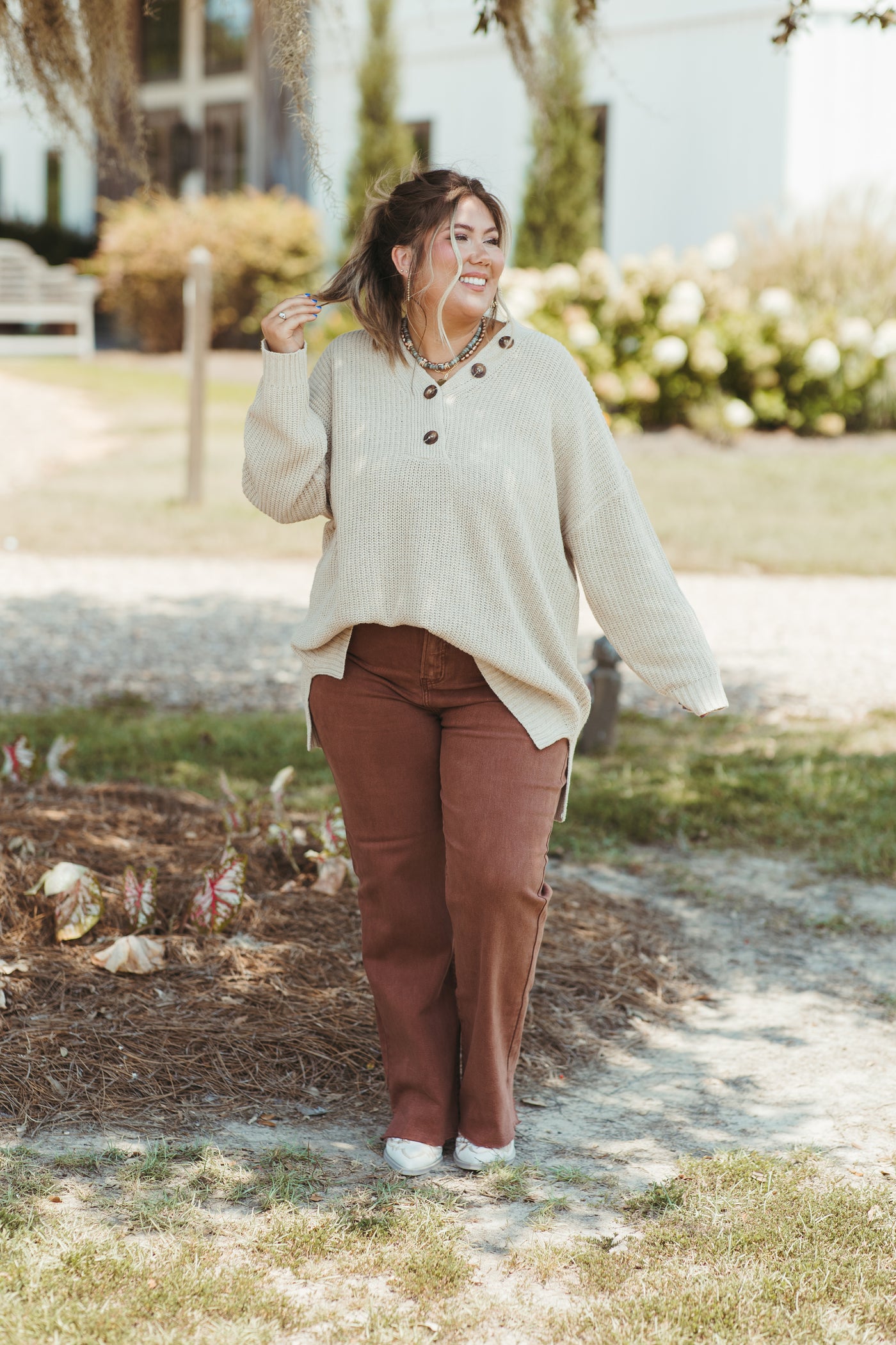 Oatmeal Solid Knit Button Detail Sweater