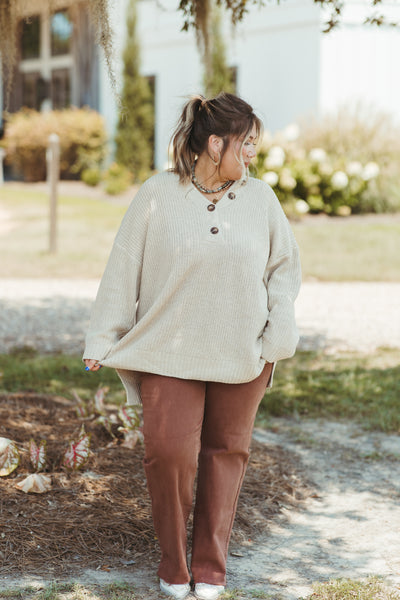 Oatmeal Solid Knit Button Detail Sweater