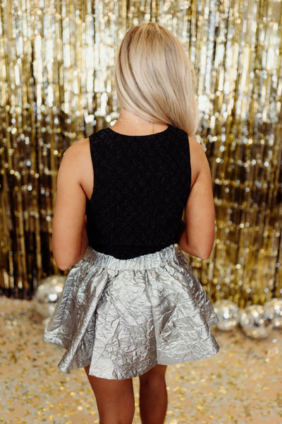 Silver Metallic Elastic Waist Skort