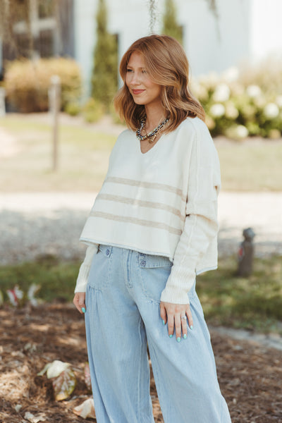 Cream Multi Striped Cropped Loose Fit Sweater