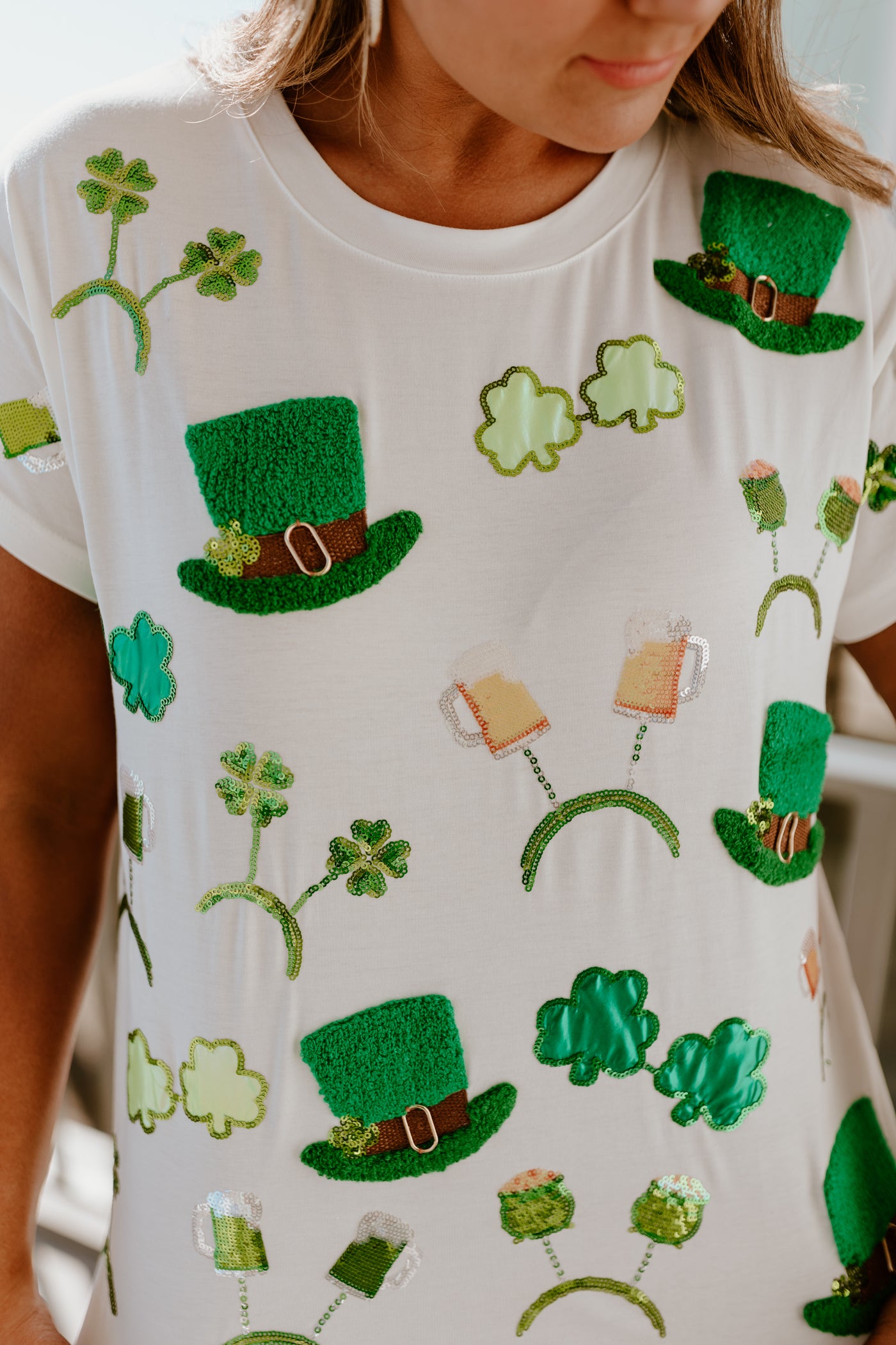 Queen Of Sparkles White St. Patrick's Day Sunglass, Hat & Headband Icon Tee