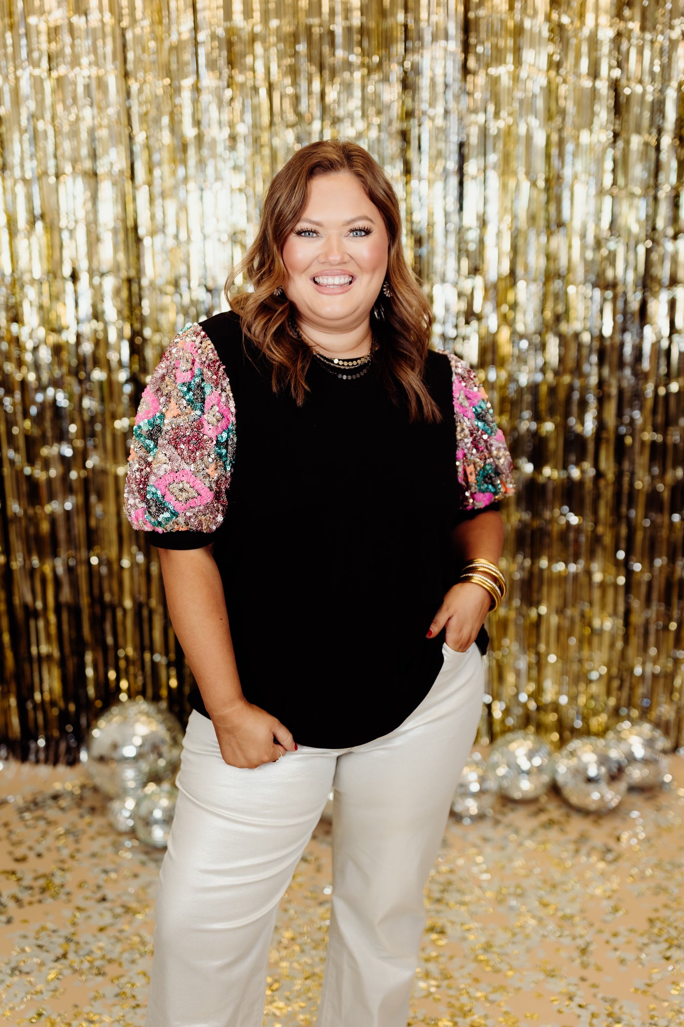 Black Sequin Puff Sleeve Top