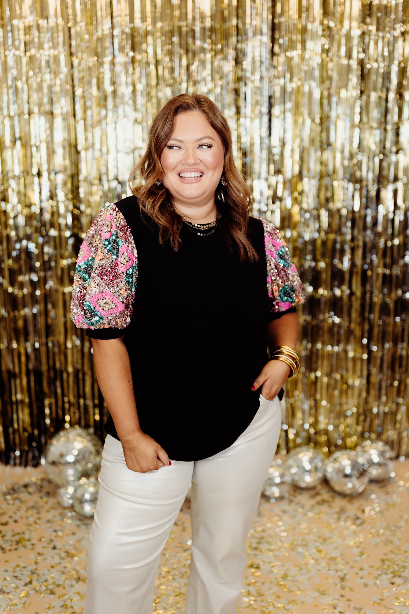 Black Sequin Puff Sleeve Top