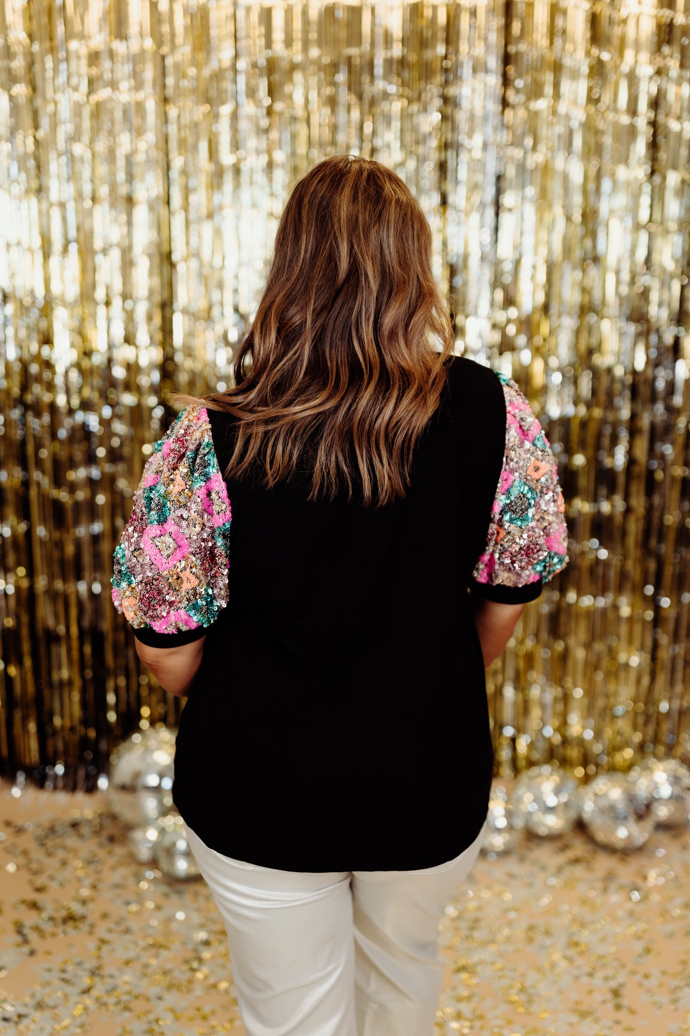 Black Sequin Puff Sleeve Top