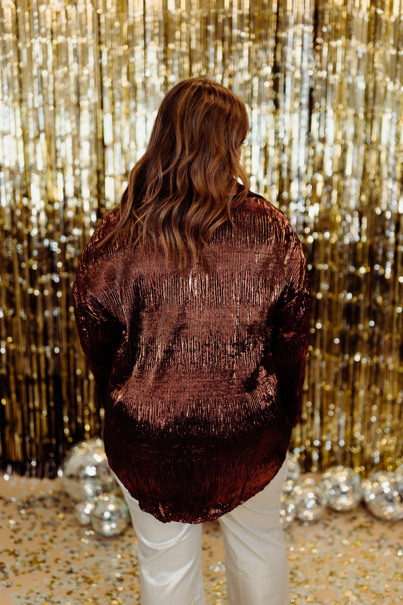 Bronze Shirred Metallic Oversized Button Down