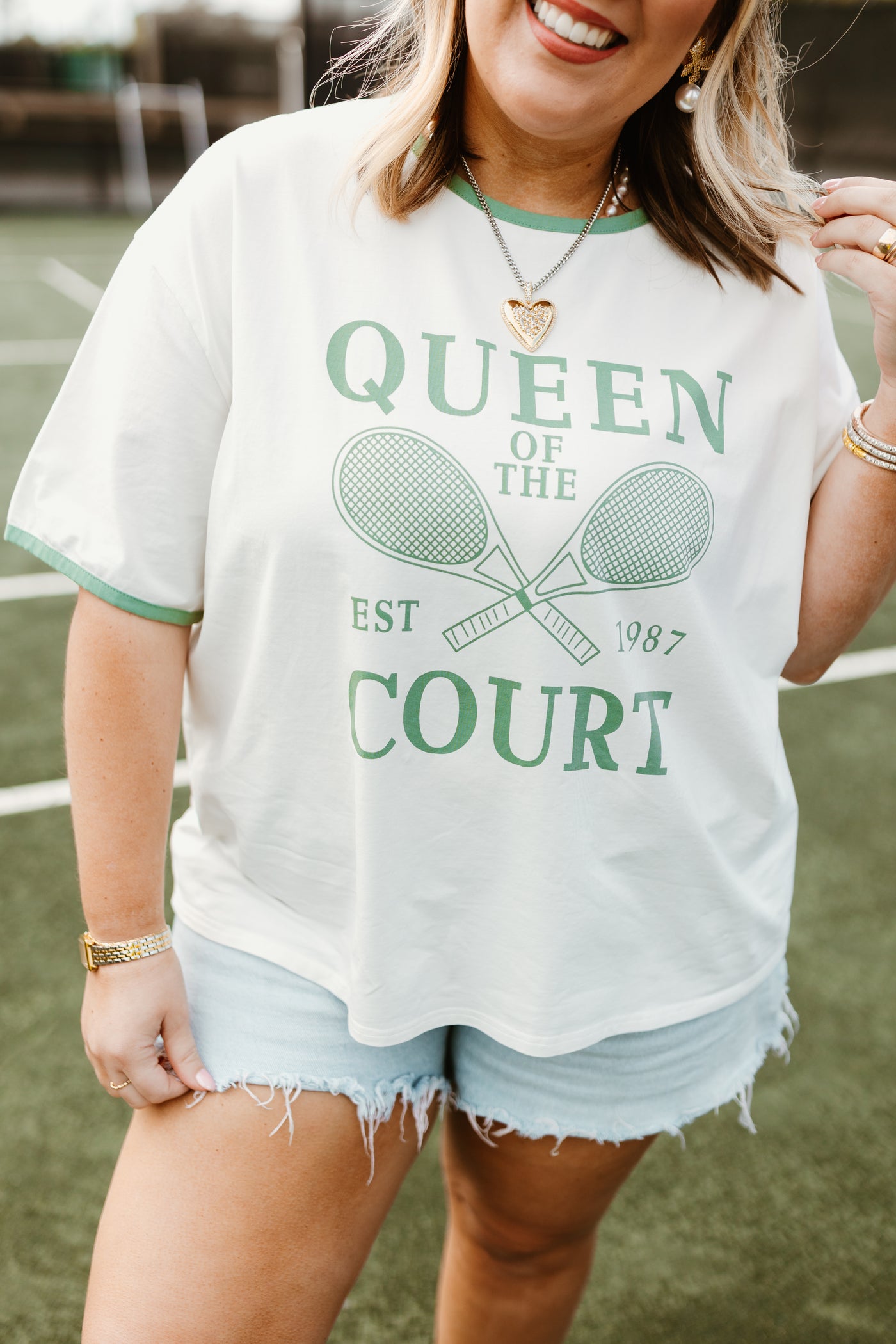 Off White and Sage Queen of The Court T-Shirt